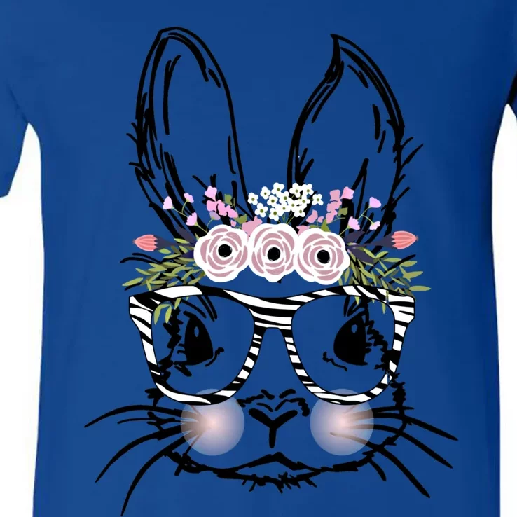 Cute Bunny Face Great Gift Animal Print Glasses Easter Flowers Gift V-Neck T-Shirt