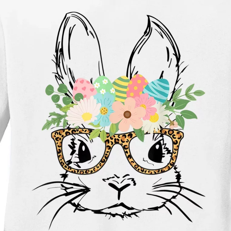 Cute Bunny Face With Leopard Glasses Wo Girl Kid Easter Ladies Long Sleeve Shirt