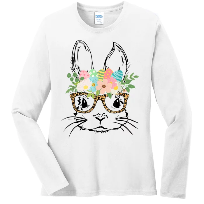 Cute Bunny Face With Leopard Glasses Wo Girl Kid Easter Ladies Long Sleeve Shirt