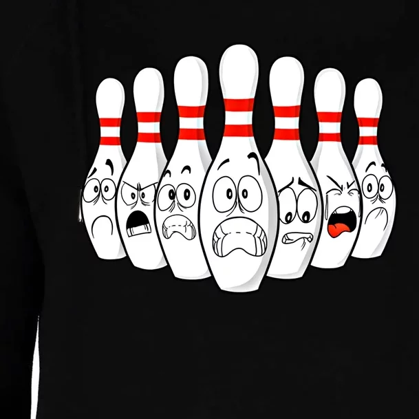 Cartoon Bowling Funny Scared Bowling Pins Funny Gift Womens Funnel Neck Pullover Hood