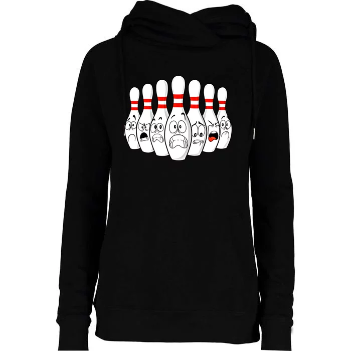 Cartoon Bowling Funny Scared Bowling Pins Funny Gift Womens Funnel Neck Pullover Hood