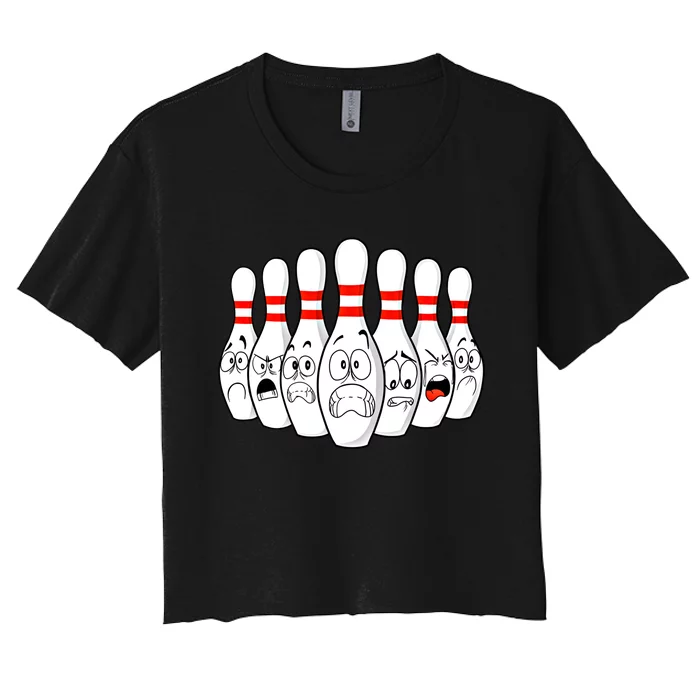 Cartoon Bowling Funny Scared Bowling Pins Funny Gift Women's Crop Top Tee