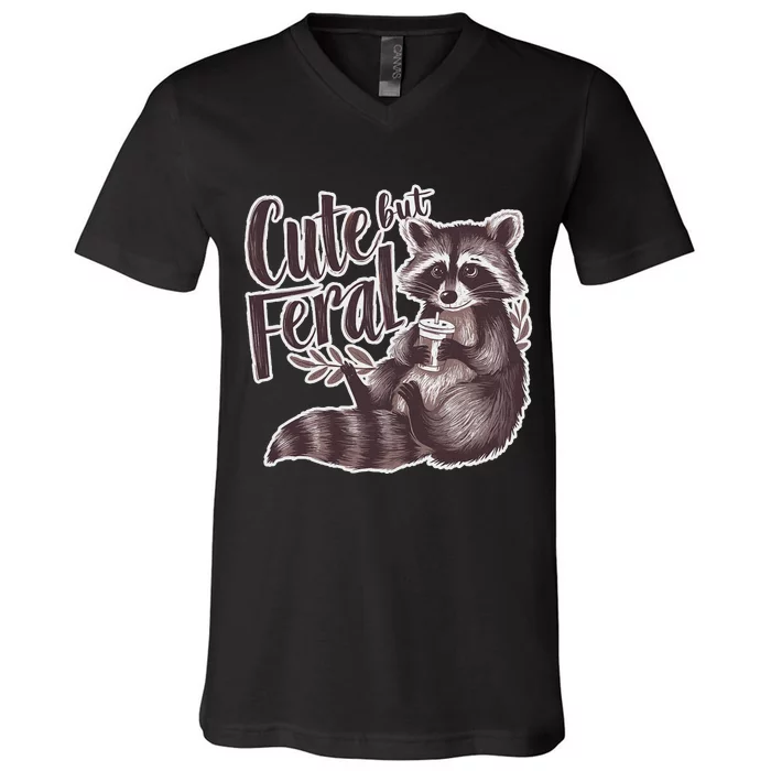 Cute But Feral Funny Raccoon Memes Coffee Raccoon Opossum V-Neck T-Shirt