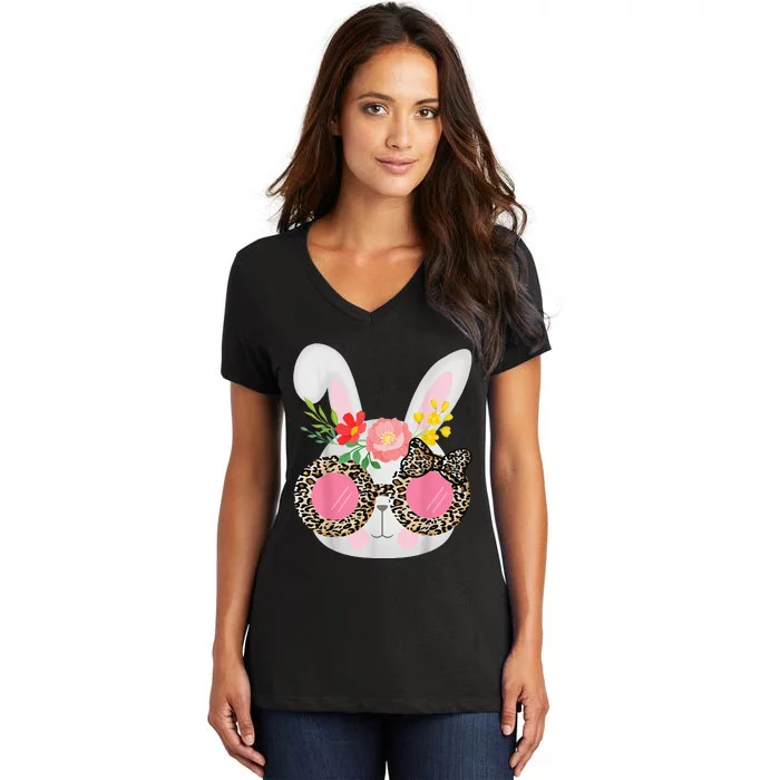 Cute Bunny Face Leopard Glasses Easter Women's V-Neck T-Shirt