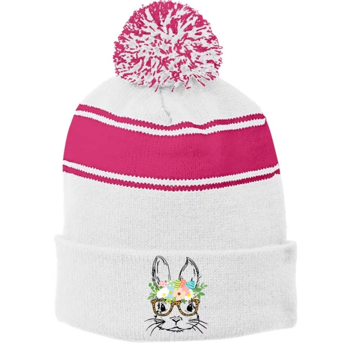 Cute Bunny Face With Leopard Glasses Women Easter Stripe Pom Pom Beanie