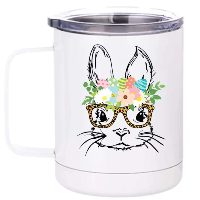 Cute Bunny Face With Leopard Glasses Women Easter Front & Back 12oz Stainless Steel Tumbler Cup