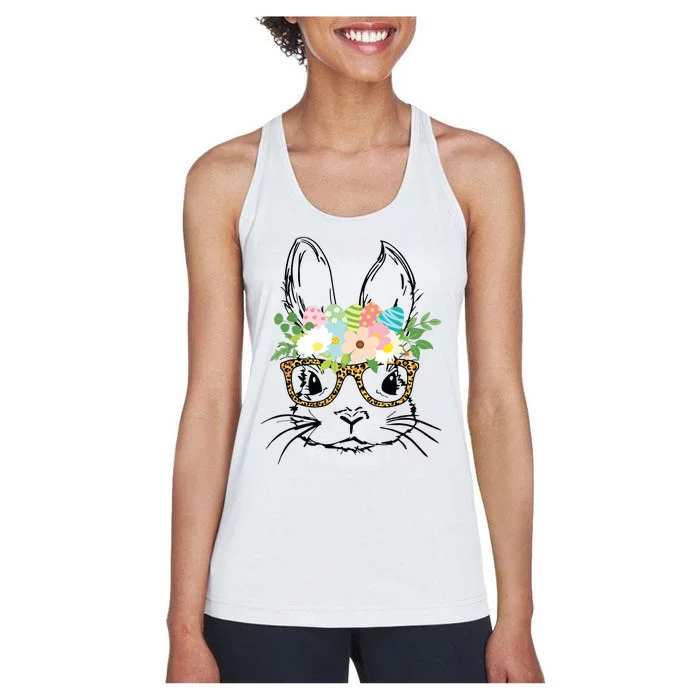 Cute Bunny Face With Leopard Glasses Women Easter Women's Racerback Tank