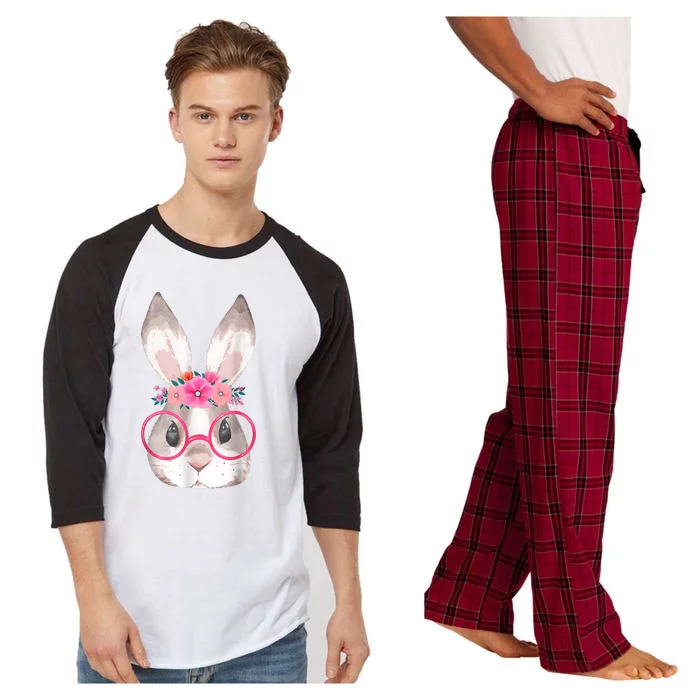 Cute Bunny Face Glasses Floral Rabbit Happy Easter Day Raglan Sleeve Pajama Set