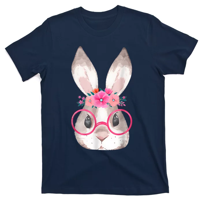 Cute Bunny Face Glasses Floral Rabbit Happy Easter Day T-Shirt