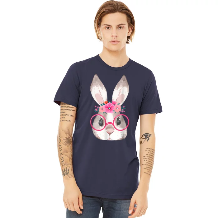 Cute Bunny Face Glasses Floral Rabbit Happy Easter Day Premium T-Shirt