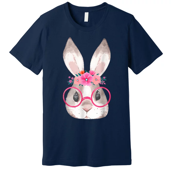 Cute Bunny Face Glasses Floral Rabbit Happy Easter Day Premium T-Shirt