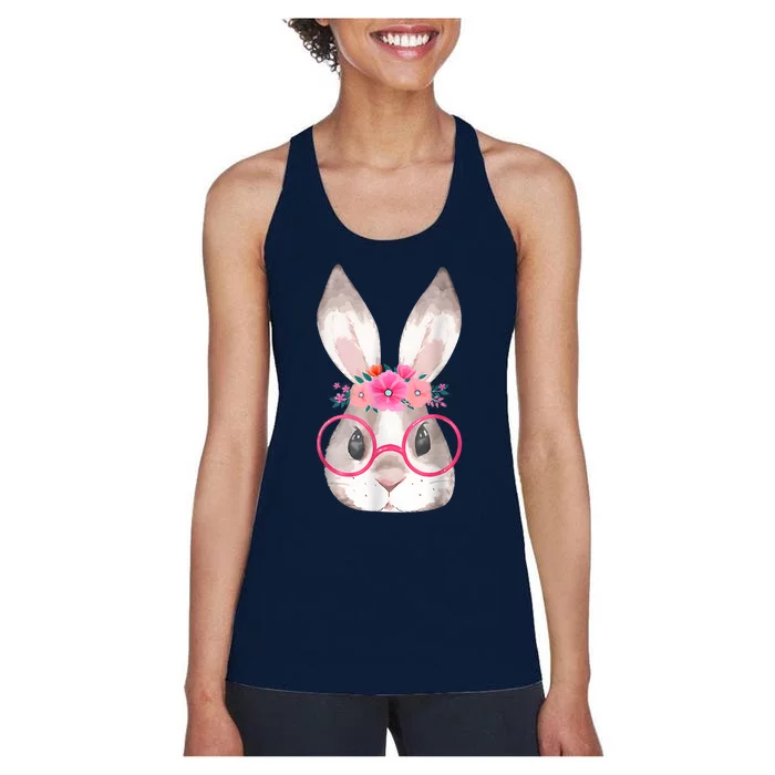 Cute Bunny Face Glasses Floral Rabbit Happy Easter Day Women's Racerback Tank