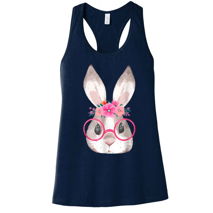 Cute Bunny Face Glasses Floral Rabbit Happy Easter Day Women's Racerback Tank