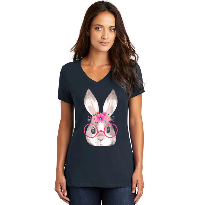 Cute Bunny Face Glasses Floral Rabbit Happy Easter Day Women's V-Neck T-Shirt