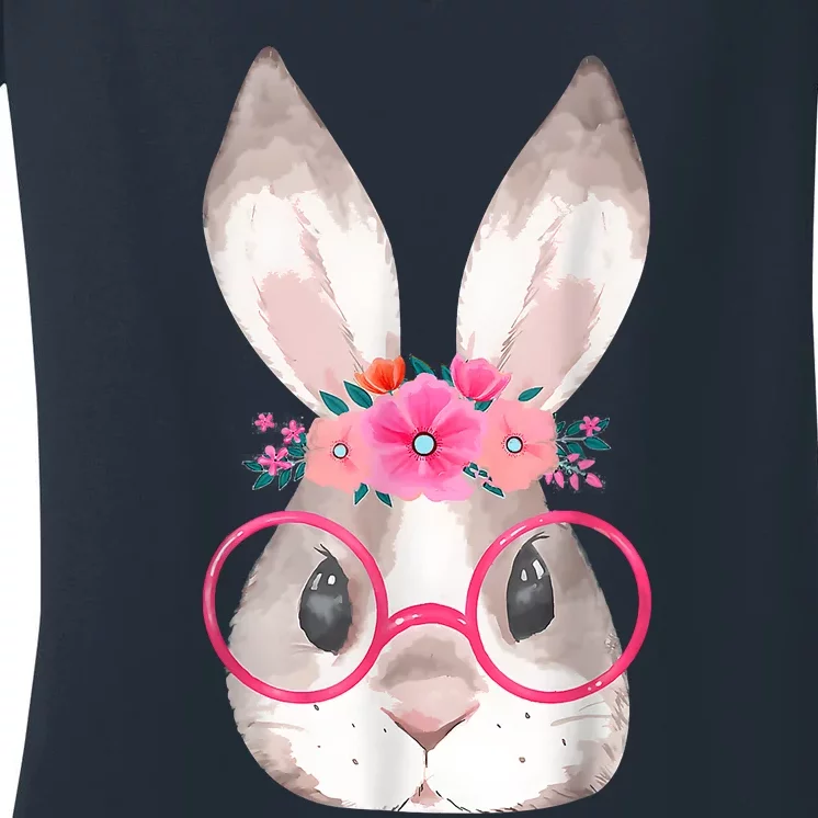 Cute Bunny Face Glasses Floral Rabbit Happy Easter Day Women's V-Neck T-Shirt