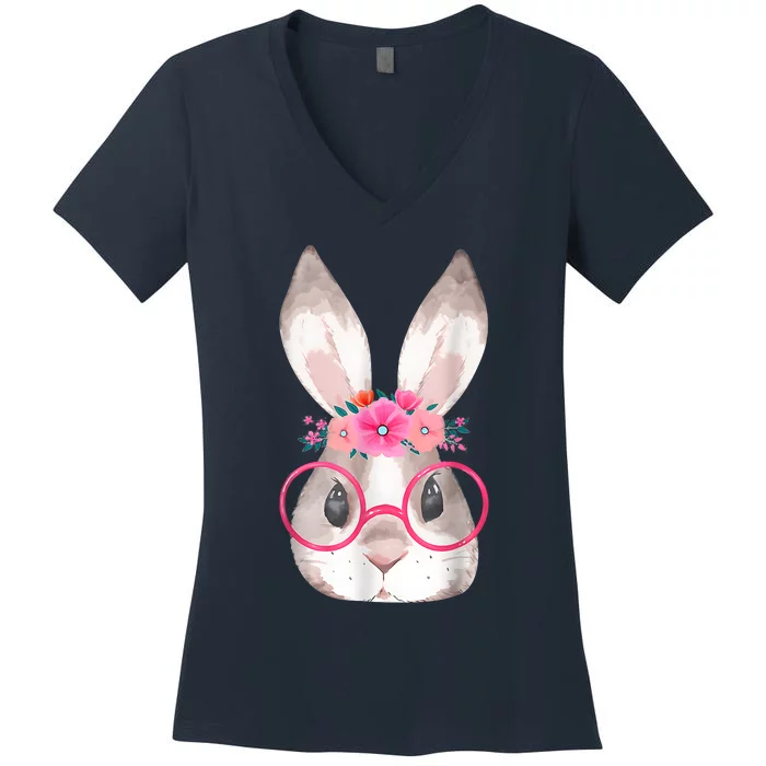 Cute Bunny Face Glasses Floral Rabbit Happy Easter Day Women's V-Neck T-Shirt