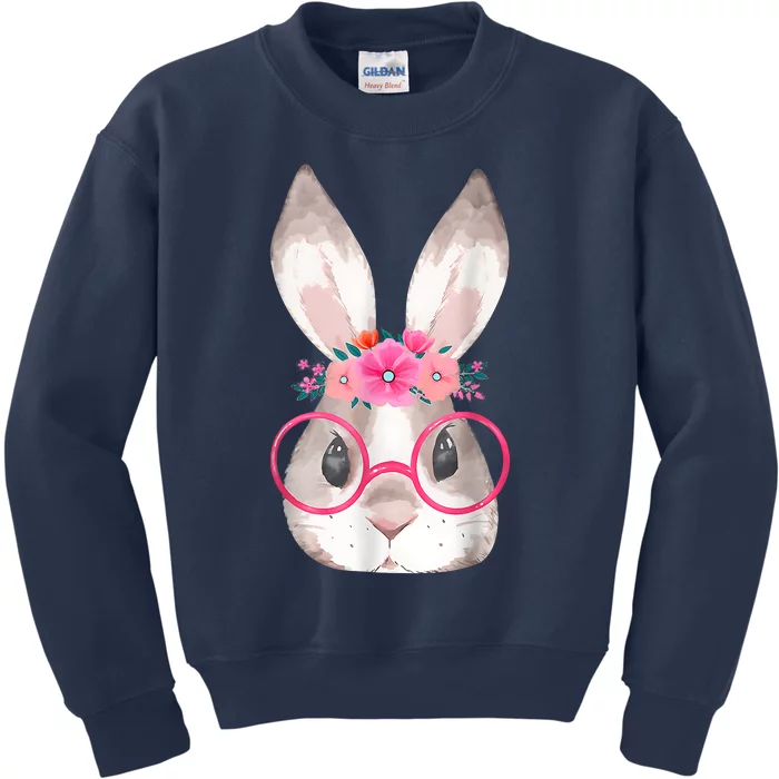 Cute Bunny Face Glasses Floral Rabbit Happy Easter Day Kids Sweatshirt