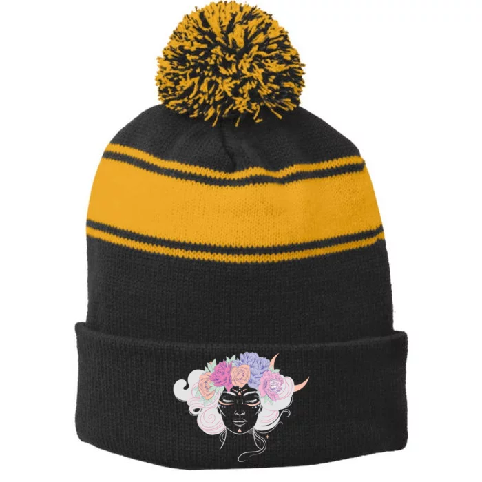 Cute Boho Flower Crown Woman Stripe Pom Pom Beanie