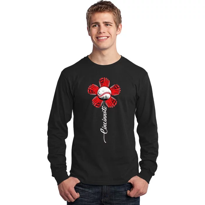 Cincinnati Baseball Flower Vintage Baseball Fans Tall Long Sleeve T-Shirt