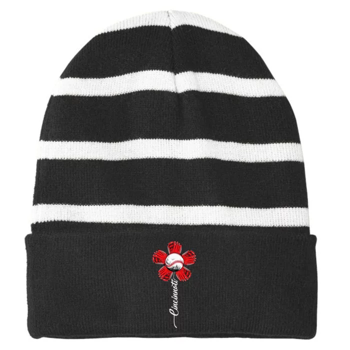 Cincinnati Baseball Flower Vintage Baseball Fans Striped Beanie with Solid Band