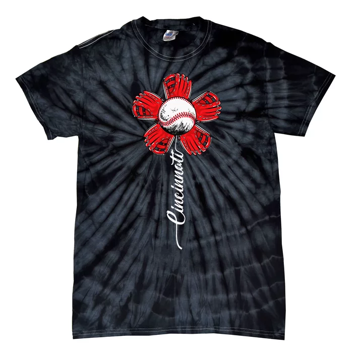 Cincinnati Baseball Flower Vintage Baseball Fans Tie-Dye T-Shirt