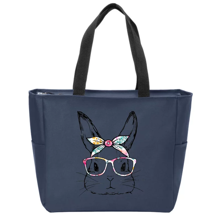 Cute Bunny Face Floral Glasses Headband Happy Easter Day Zip Tote Bag