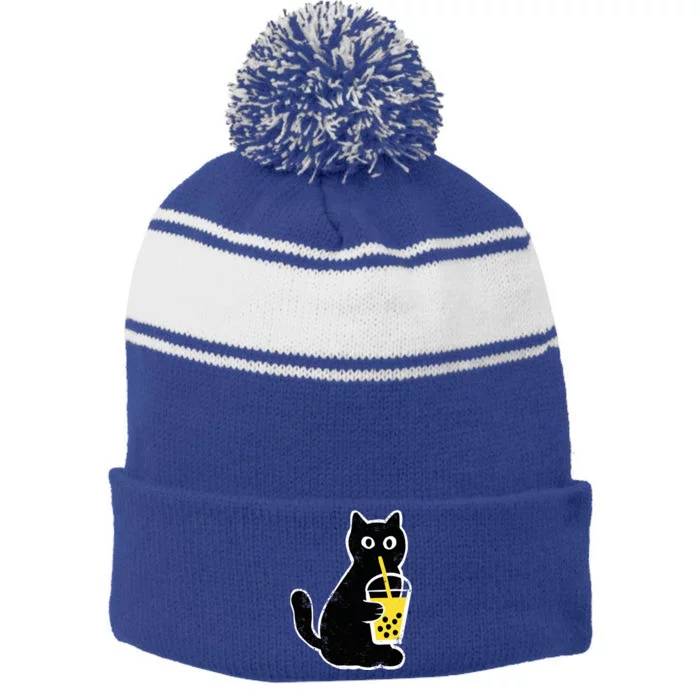 Cat Boba Funny Anime Japanese Stripe Pom Pom Beanie