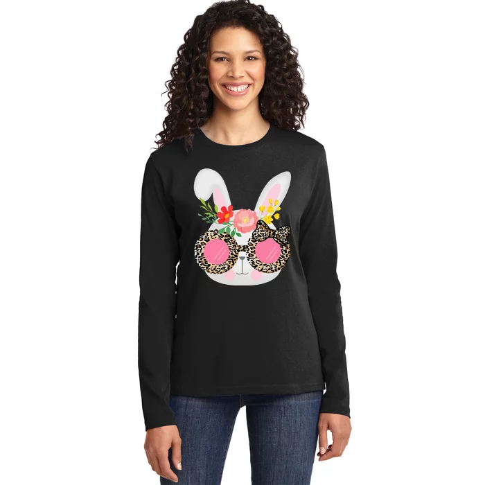 Cute Bunny Face Leopard Glasses Easter Ladies Long Sleeve Shirt