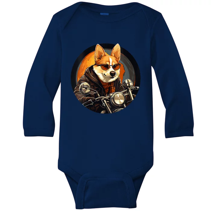 Corgi Biker Funny Dog Motorcycle VNeck Baby Long Sleeve Bodysuit