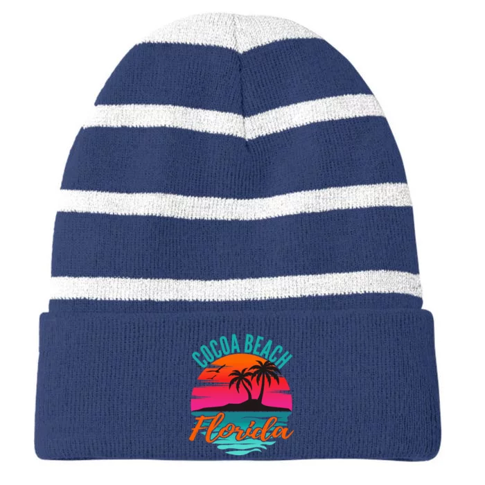 Cocoa Beach Florida Palm Tree Island Pink Sunset Striped Beanie with Solid Band