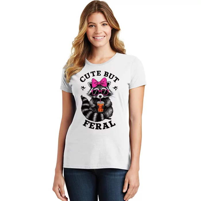 Cute But Feral Funny Colorful Raccoon With Sunglasses Women's T-Shirt