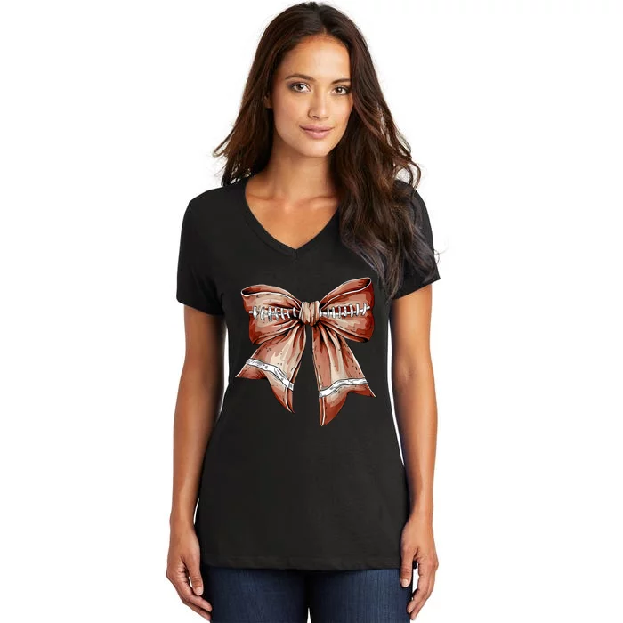 Coquette Bow Funny Football Lover Game Day Football Mom Life Women's V-Neck T-Shirt