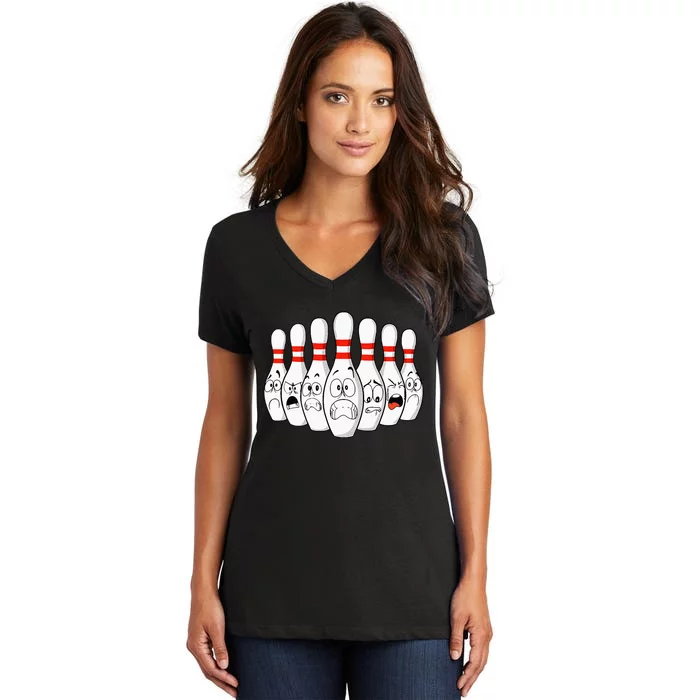 Cartoon Bowling Funny Scared Bowling Pins Women's V-Neck T-Shirt