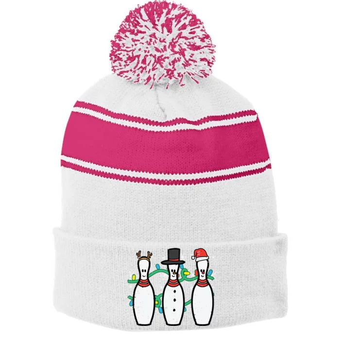 Christmas Bowling Funny Xmas Sports Bowler Women Stripe Pom Pom Beanie