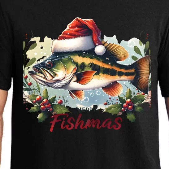 Christmas Bass Fish In Santa Hat Wishing A Merry Fishmas Funny Gift Pajama Set