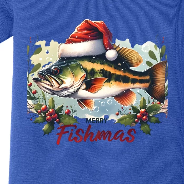 Christmas Bass Fish In Santa Hat Wishing A Merry Fishmas Funny Gift Baby Bodysuit