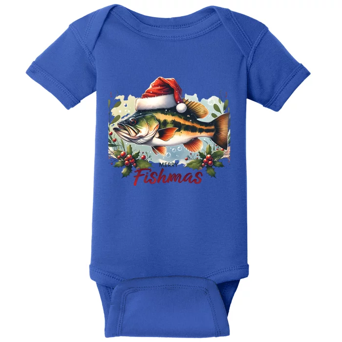 Christmas Bass Fish In Santa Hat Wishing A Merry Fishmas Funny Gift Baby Bodysuit