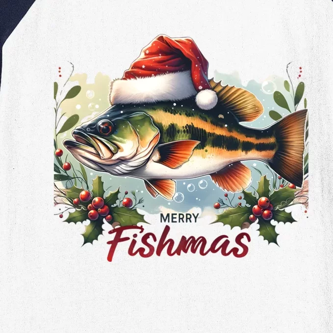 Christmas Bass Fish In Santa Hat Wishing A Merry Fishmas Funny Gift Baseball Sleeve Shirt