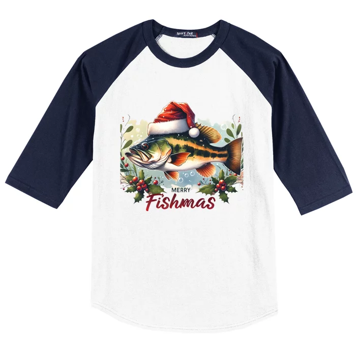 Christmas Bass Fish In Santa Hat Wishing A Merry Fishmas Funny Gift Baseball Sleeve Shirt