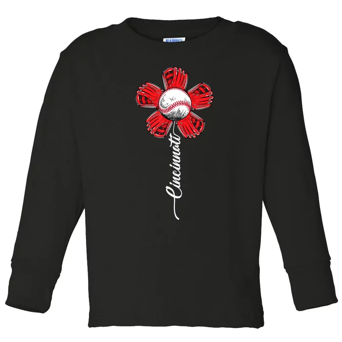 Cincinnati Baseball Flower Vintage Baseball Fans Toddler Long Sleeve Shirt