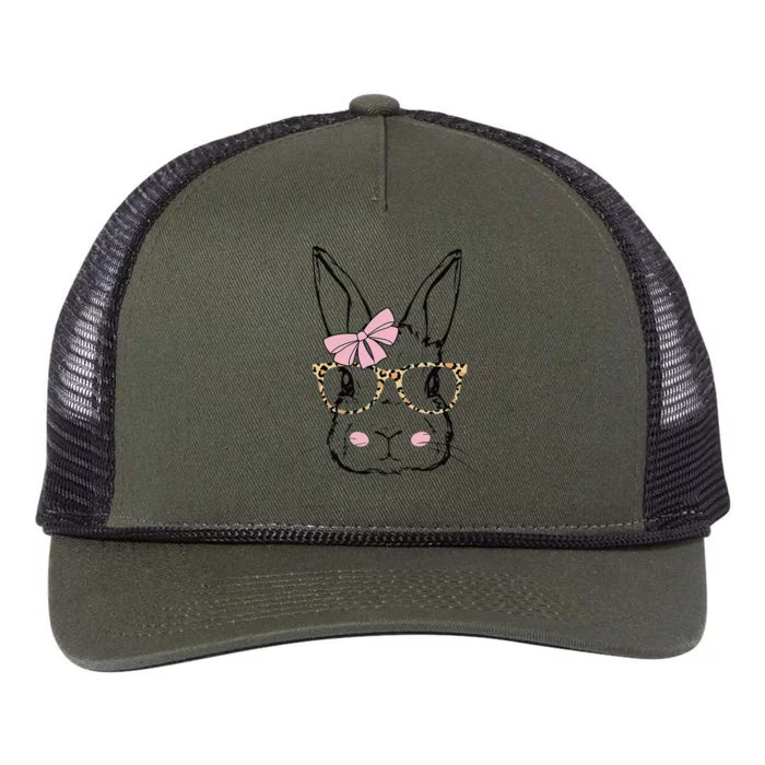 Cute Bunny Face Leopard Print Glasses Pink Bow EASTER Day Retro Rope Trucker Hat Cap