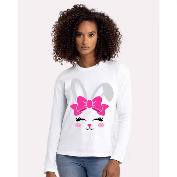 Cute Bunny Face Bow Tie Easter Day egg hunt Womens Cotton Relaxed Long Sleeve T-Shirt