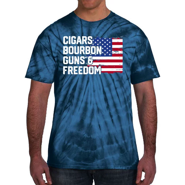 Cigars Bourbon Guns and Freedom Lover American Usa Flag Tie-Dye T-Shirt