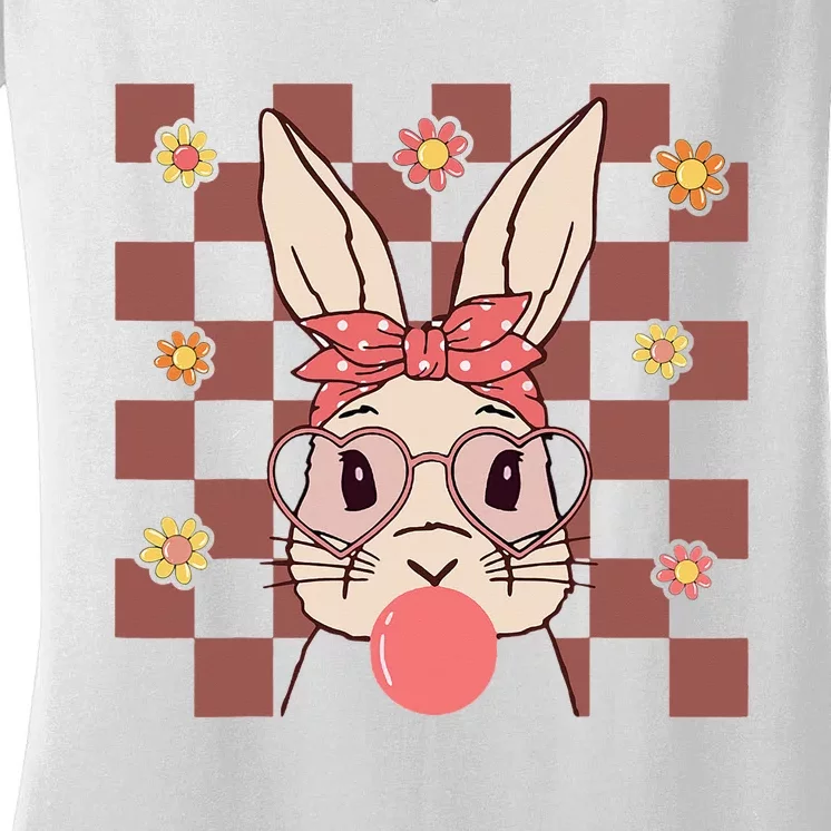 Cute Bunny Groovy Easter Day Glasses Headband Women's V-Neck T-Shirt