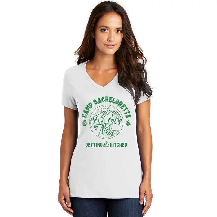 Camp Bachelorette Getting Hitched Bride Party Matching Women's V-Neck T-Shirt