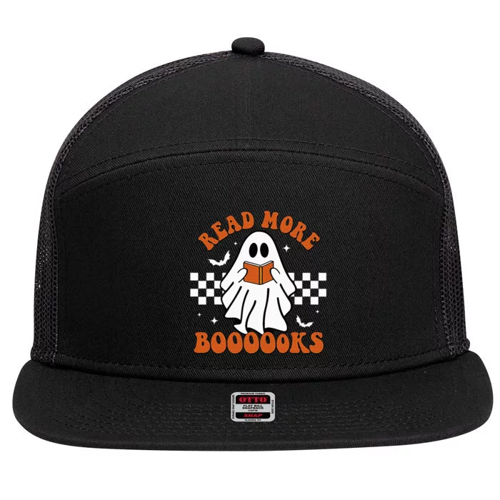 Cute Booooks Ghost Read More Books Funny Teacher Halloween 7 Panel Mesh Trucker Snapback Hat