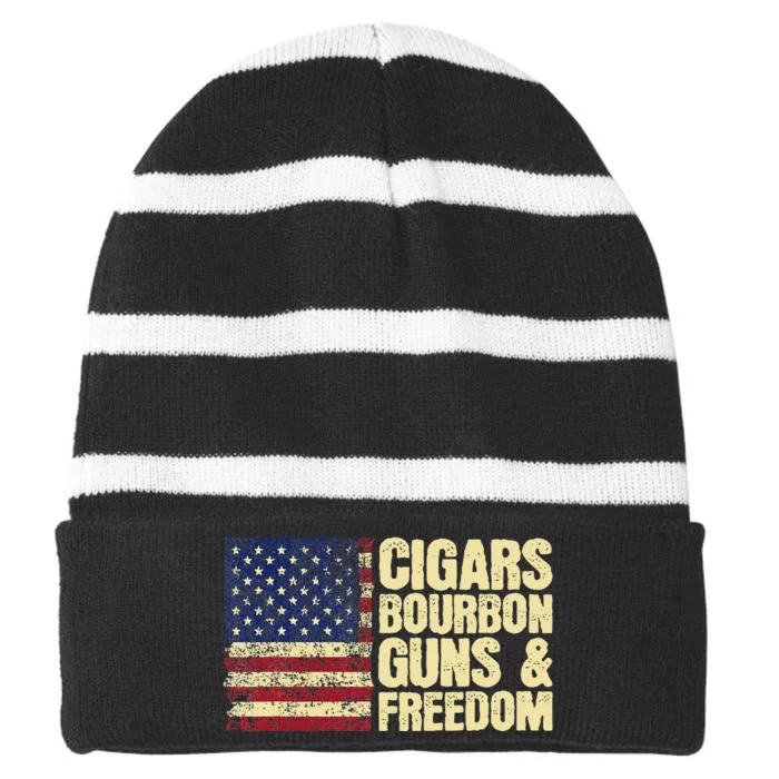 Cigars Bourbon Guns And Freedom American Flag Striped Beanie with Solid Band