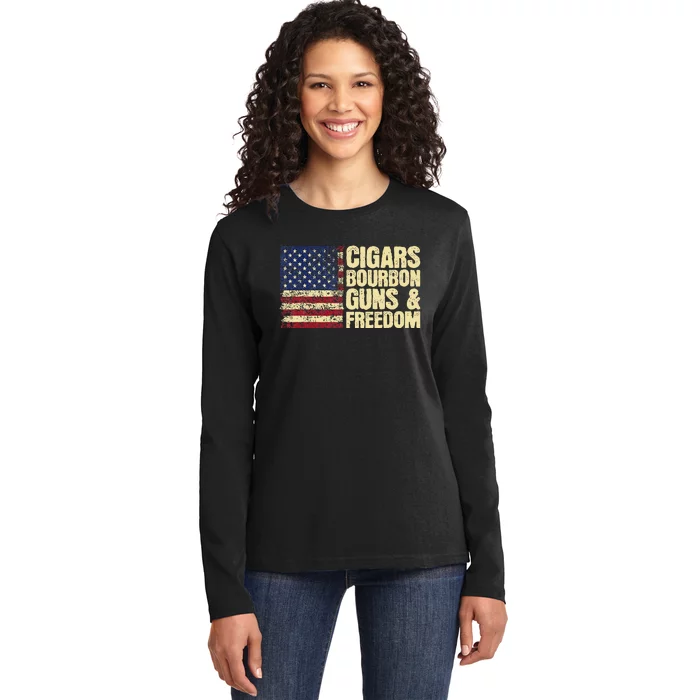 Cigars Bourbon Guns And Freedom American Flag Ladies Long Sleeve Shirt