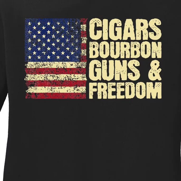 Cigars Bourbon Guns And Freedom American Flag Ladies Long Sleeve Shirt