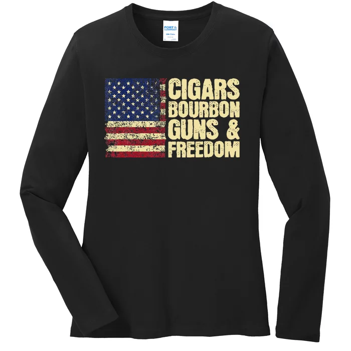 Cigars Bourbon Guns And Freedom American Flag Ladies Long Sleeve Shirt